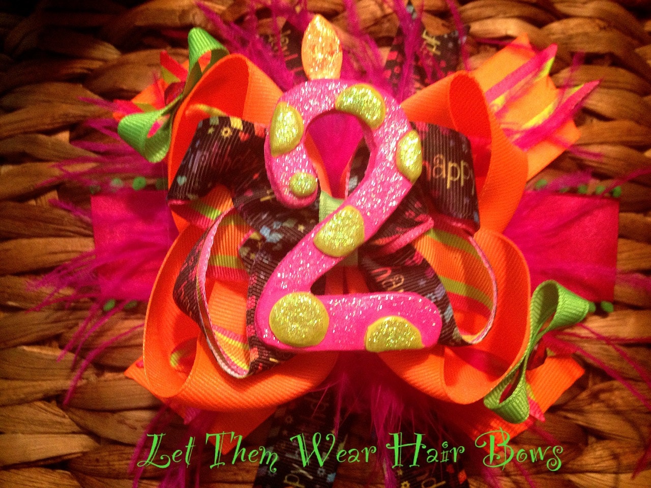 Black and Rainbow Neon/Bright Happy Birthday Over the Top Boutique Bow with Handmade Customizable Clay Glitter Number Candle