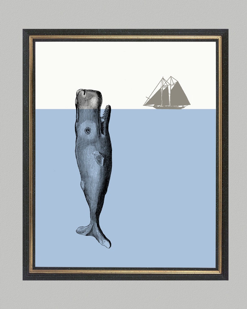 Sperm whale and ship - print on Fine art watercolor paper 8x10 inch.