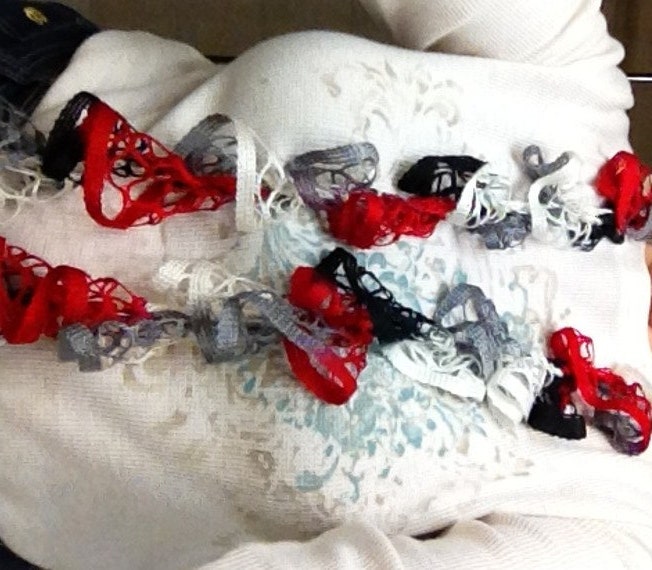 Glitter ruffle skinny scarves - 4 color combos in red/black/white, burgundy/pink, purple/burgundy, red/silver.
