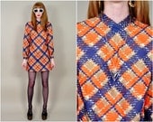 VINTAGE 60s mod indigo & tangerine plaid print twiggy preppy sheath space age mini dress