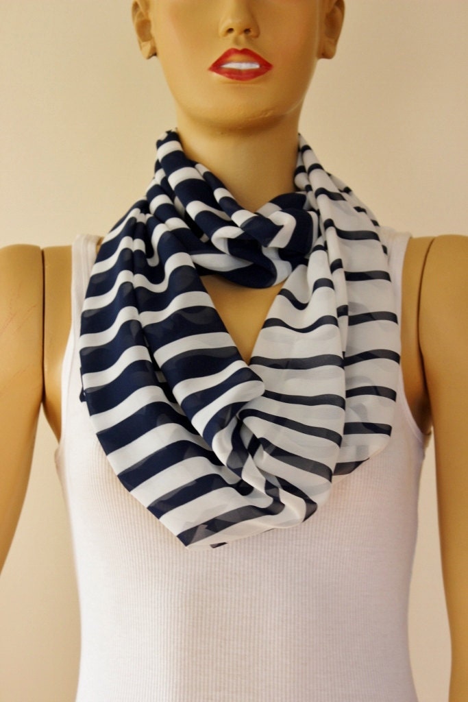 Navy blue and white  Scarf.Chiffon Fashion infinity scarf Infinity scarf. Loop scarf. Circle scarf. Women Scarf. Gift. summer scarf