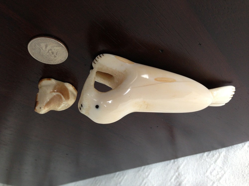 Ivory Walrus and Mini Walrus Fossil Walrus Tusk  Carvings Carved by Native Alaska Inuit Eskimos Vintage