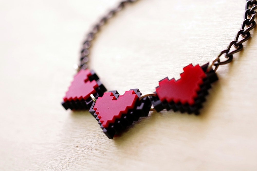 3 Pixel Heart Bracelet Acrylic  Plastic for zelda gamer 8 bits 2 sides design