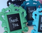 Picture frames baroque elegant chalkboard place holder card photo party favor gifts table number name white mint turquoise pink green