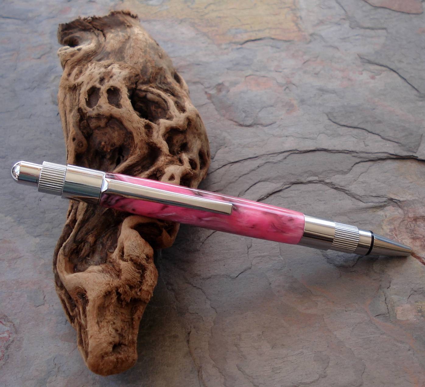 Handcrafted Custom Made Pen - Chrome Ballpoint Click Pen With Pink & Black Swirl Acrylic