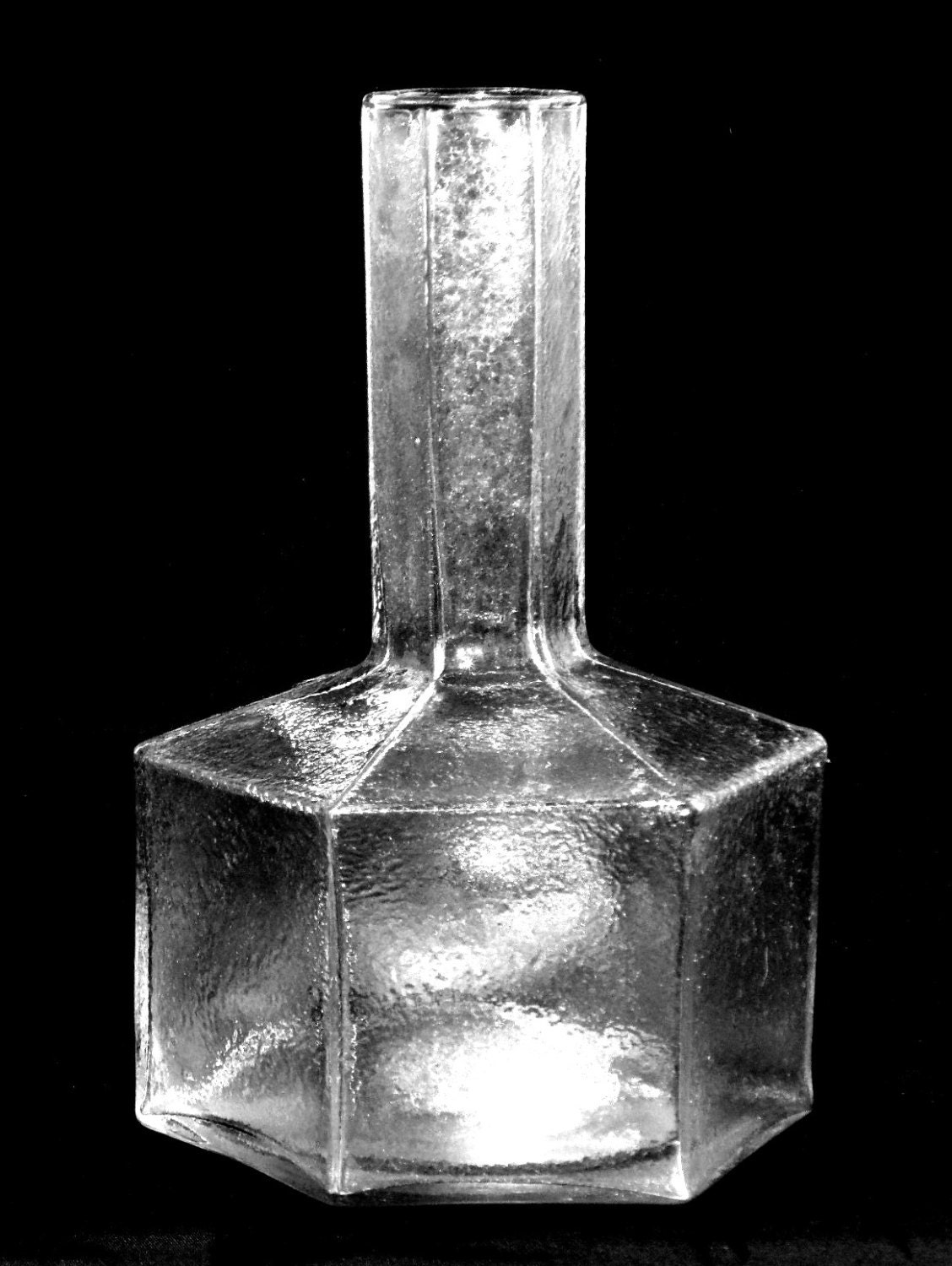 Large Scandi Hexagonal Vase, clear textured glass, vintage 1970s retro unusual Danish