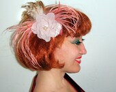 Bridal Wedding HAIR CLIP Hair Accessory Salmon Pink Beige with Feathers, Feather Boa, Handmade Flowers, Jewels, Pearl Accent