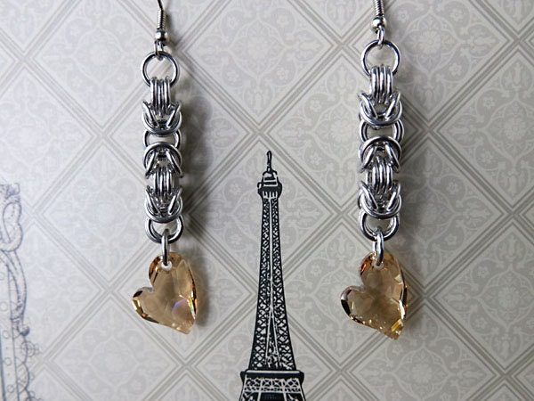 Crystal Heart Chainmaille Earrings - Light Golden Heart and Silver Earrings - Gold Heart Earrings - Crystal Dangle Earrings
