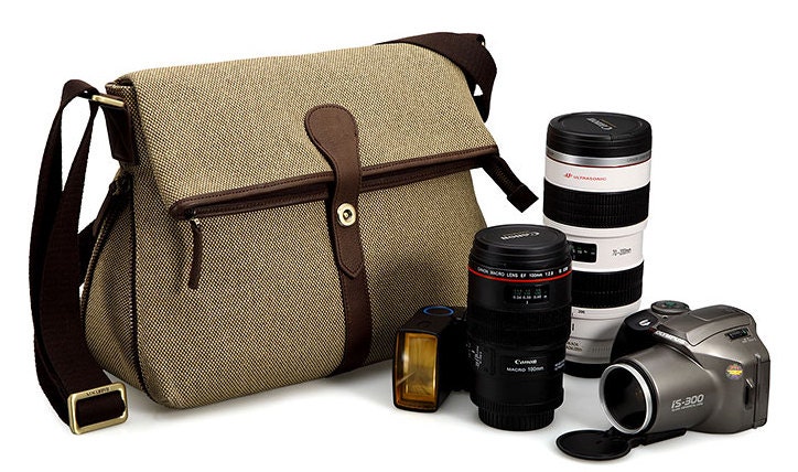 Khaki/ Tan Canvas Camera Bag w/ Shoulder Strap