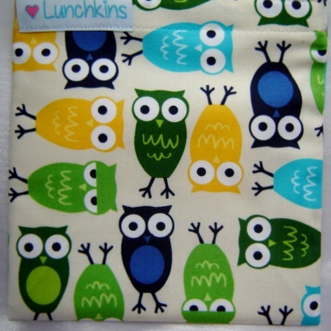 SANDWICH Snack BAG Teal Blue Owls Design Reusable with Nylon Lining