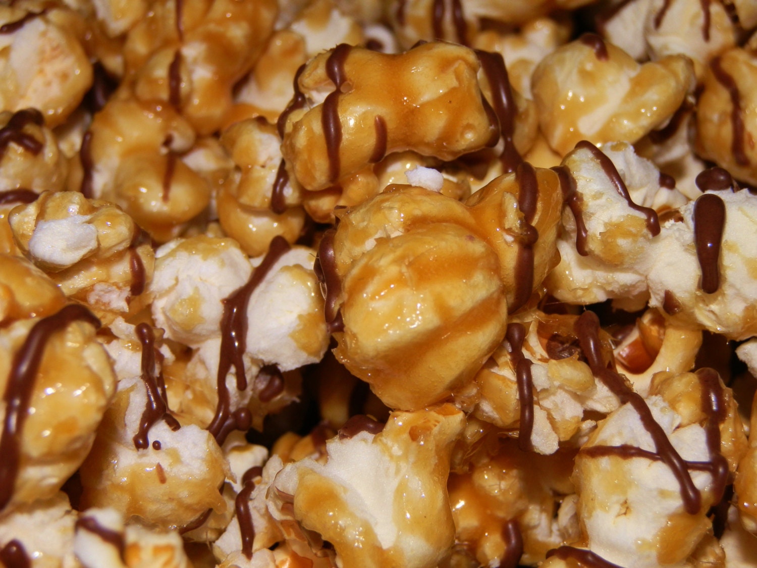 Homemade Gourmet Caramel Popcorn With Chocolate Drizzle