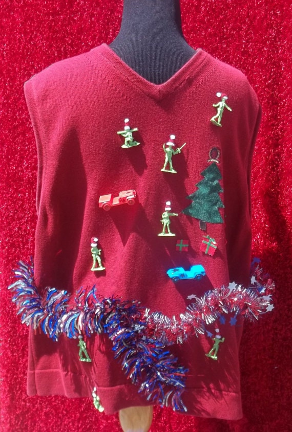 An UGLY Christmas sweater Vest with an Army theme Home for the Holidays