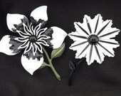 2 Retro Vintage 1960's-70's Black & White Enamel Flower Brooches - GrandmasVault