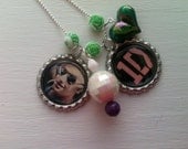 One Direction 1D Liam Payne bottle cap necklace with rose, pearled, and heart shaped beads on a 32" silver plated ball chain.