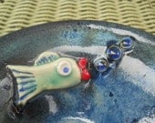 Ceramic Pottery Blue Bowl with Turquoise Fish, Red Lips, and Bubbles