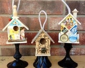 Upcycled - Graffiti Birdhouses - Mixed Media - Table Decor - Bottle Cap Postage Stamp Art - Funky Industiral Boho Steampunk Chic