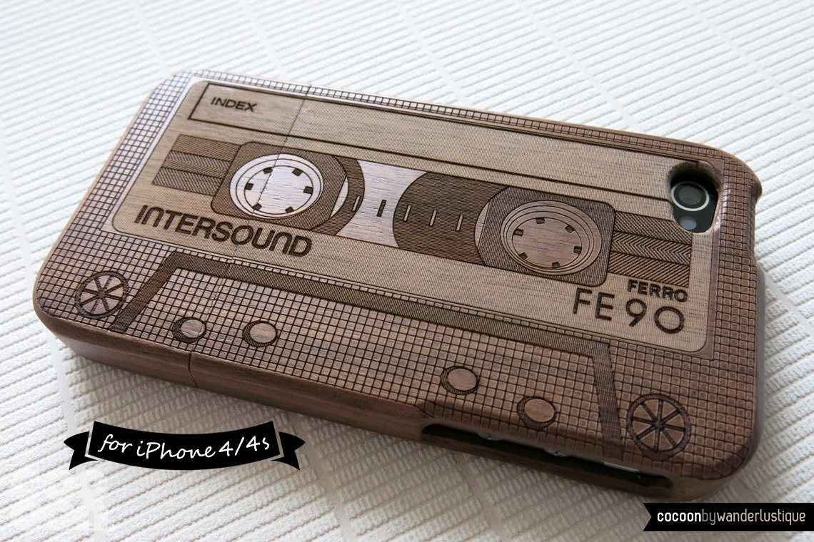 SALE30%OFF: Natural Wood iPhone 4 Case - Engraved Classic Cassette Tape iPhone Case // Music, Sapele Wood, Gift, Laser Engraving, Art, 4s