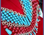 Big Statement Necklace Earring Set, Turquoise Red Crystal Bib, Silver Glass Tiered Bead Collar, Native American Boho Chic, Handmade in Italy - CiaoBellaJoyaJewels