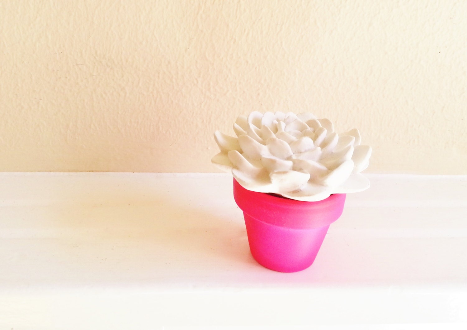 White Succulent Sculpture in Modern Neon Pink Pot, Wedding Favors, Plant sculpture, Desktop accessory