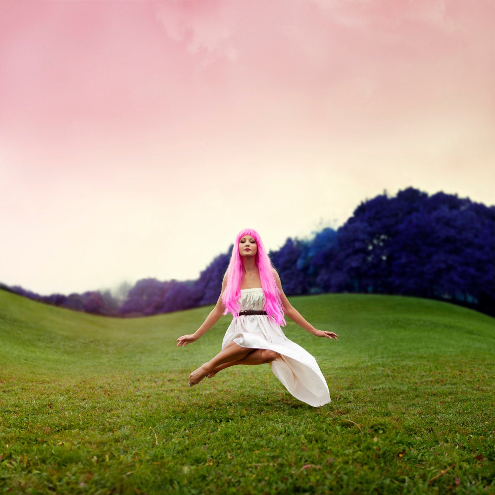 Fine Art Photography Print, Levitating Woman in Field, Floating Pink Hair, Surreal Portrait, 16 x 16 Print