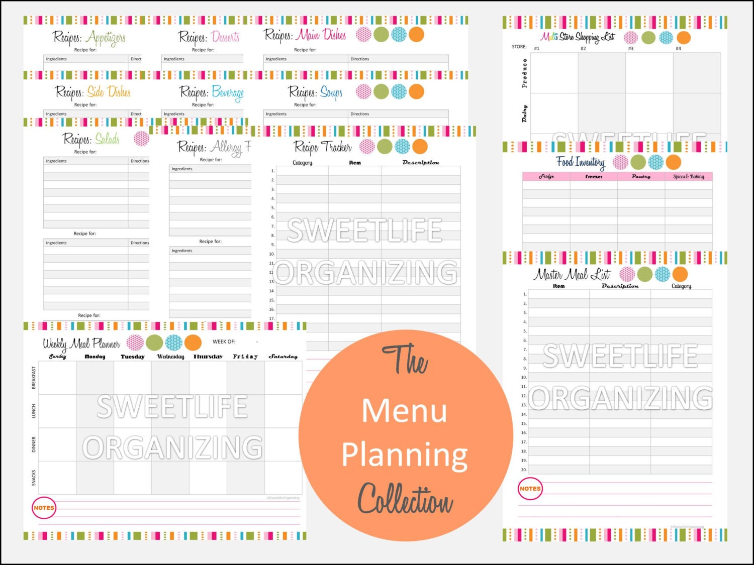 The Menu Planning Collection -  Meal Planner Organizing Printables -  PDF Digital Instant Download