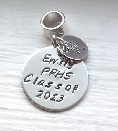 Class of 2013 Graduation Gift Hand Stamped Personalized European Charm Sterling Silver Fits All Brands of Bracelets College High School
