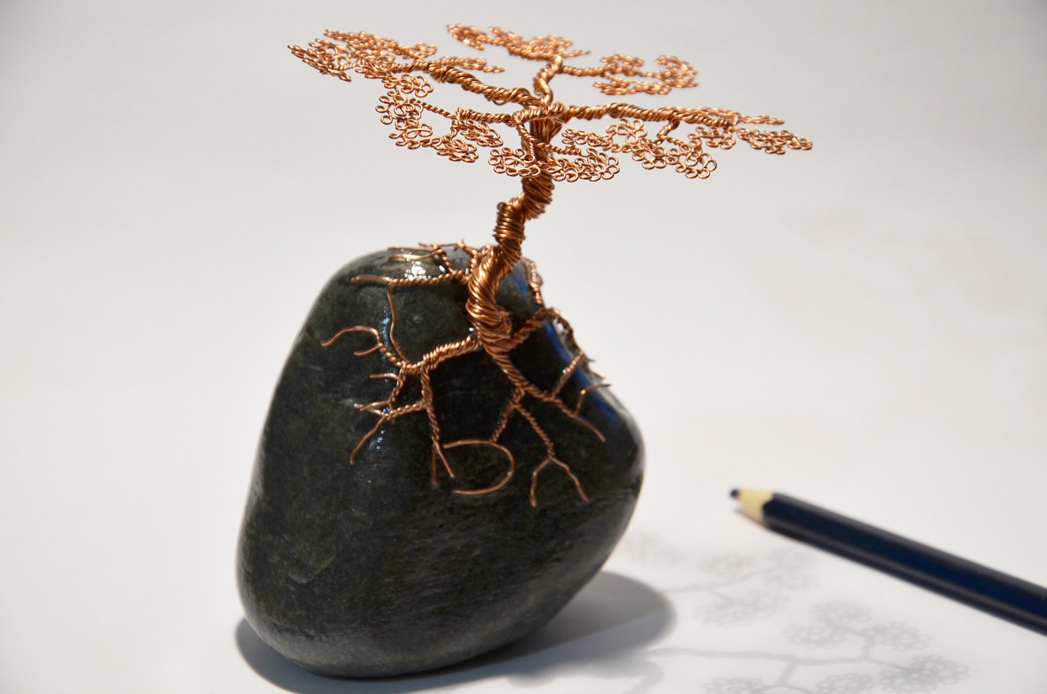 Hand made moder art craft abstract Bonsai wire tree on the dark stone sculpture made by Minskis FREE SHIPPING