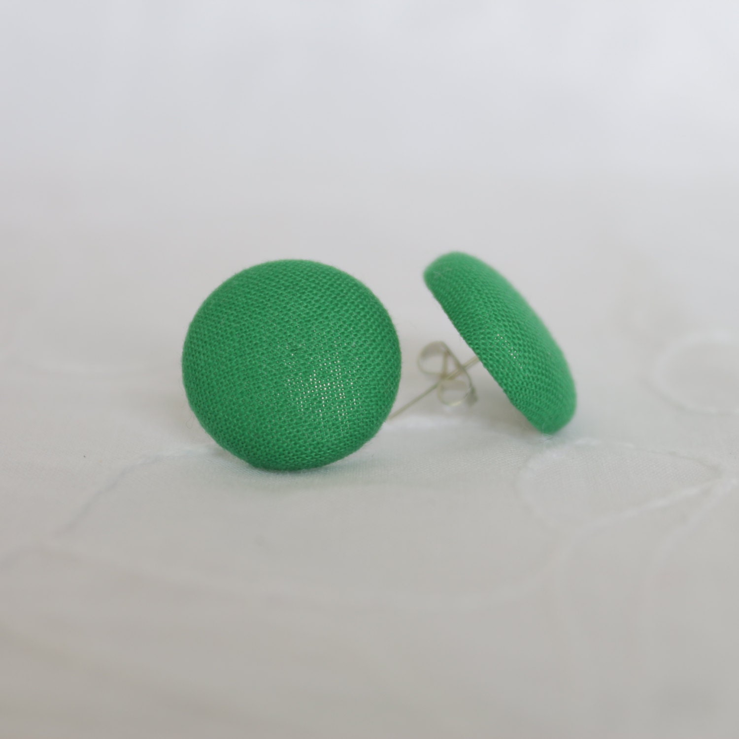 Kelly Green fabric covered button earrings