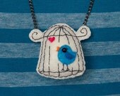 Handmade eco friendly necklace - Felt necklace - Little bird in cage
