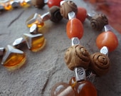 SUMMER FUN Necklace. Starry pendant.  Orange/yellow beads, Amber Glass beads, Wooden Roses, Silver Finding, unique