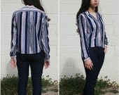 Vintage 1970's Ship 'n Shore / Red Nautical symbols / NAVY Blue and White Vertical Striped, long-sleeved Nylon top / Blouse