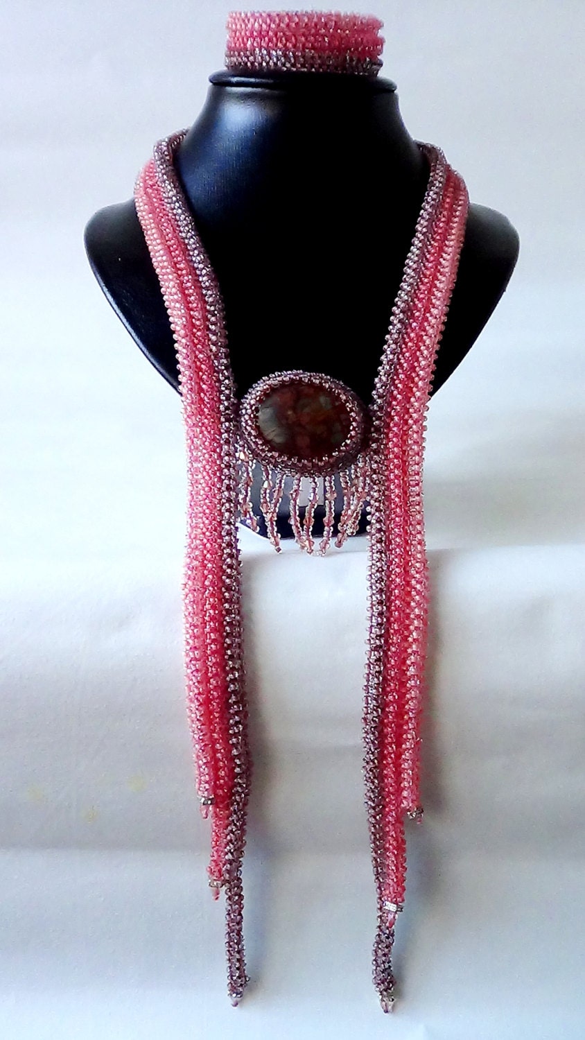 Art Jewelry Handmade Beadwork Bead Beadwoven Pastel Rose Necklace and Croshet Rose Rope Bracelet Natural Jasper Cabachon
