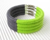 SALE 20% Lime Grey Thread Wrap Bracelet, Knit Bracelet, Light Green Gray Yarn Wrapped Fiber Bracelet, Rope Multicolor Bangle Bracelet