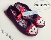 Cute fox shoes / Kawaii felt woodland animal ballet flats / Adorable womens flat pumps / Black unique footwear UK Size 6 (EUR 39, US 8)
