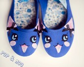 Kawaii cat flats / Cute animal face mary jane shoes / Quirky womens footwear / Blue canvas maryjanes UK Size 7 (EUR 40, US 9)
