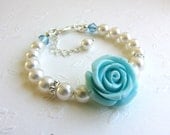 Flower Girl Gift Swarovski Pearl Bracelet, Baby Toddler Little girl Pearls, Wedding Bridal Jewelry Gifts, Aqua "Tiffany blue" Rose flower