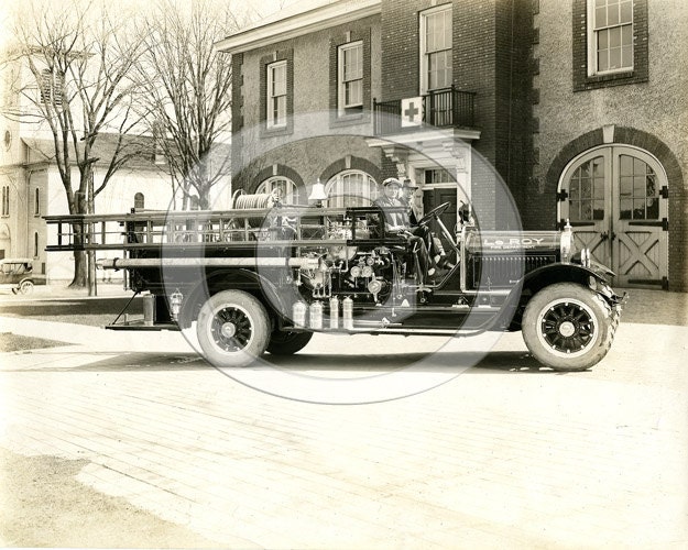 Vintage Black & White Le Roy Fire Truck Early Fire Department 1920's fireman ladder truck image Fine Art  Photo