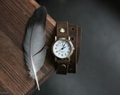 Free Shipping - dark brown leather bracelet wrap around wrist with gold watch face spring rustic tribal style hippie
