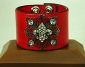Crystal, Fleur De Lis, Concho, Red, Cuff, Leather