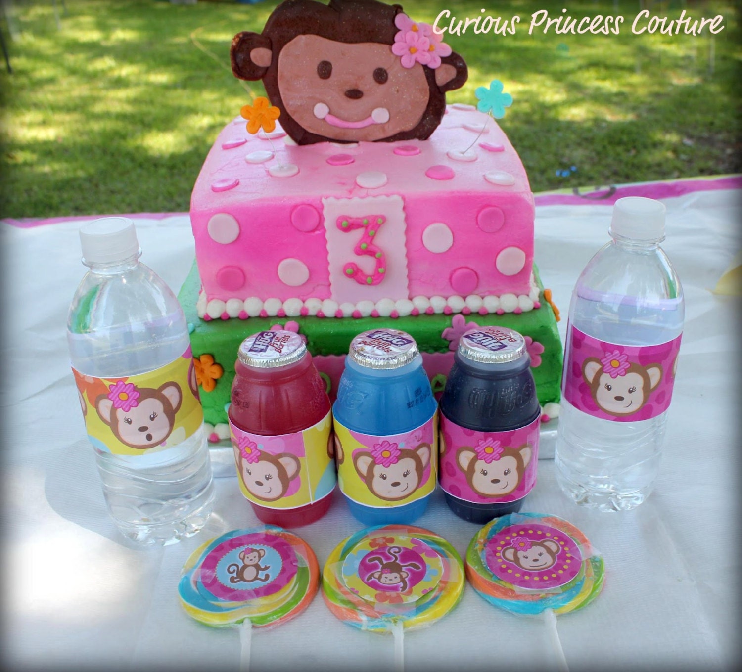 Cute girly pink monkey Printable party package and invitations with labels wrappers toppers and banner