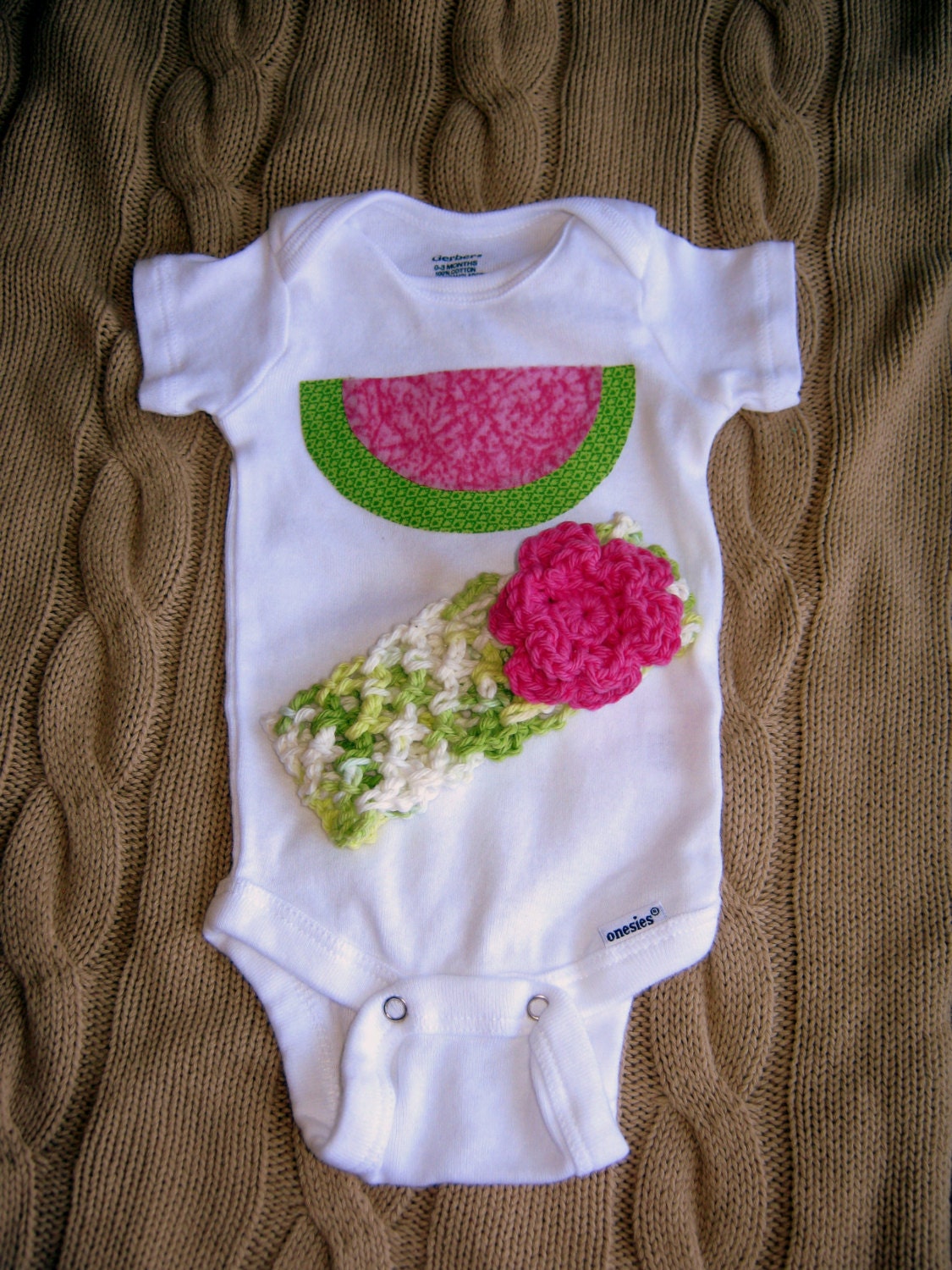 Onesie - Bodysuit - Romper - Watermelon Applique with Matching Crocheted Headband