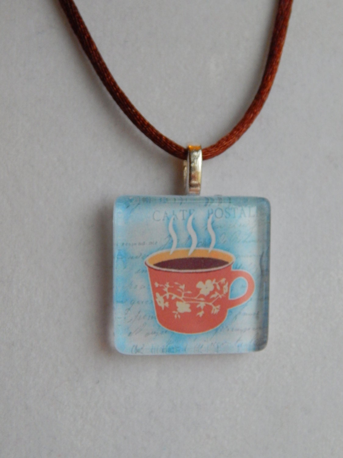 Glass Tile Necklace - Coffee Cup on Light Blue