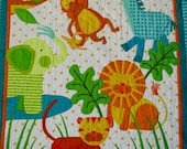 Jungle  Animal Hand Quilted Whimsical, Colorful Quilt with Monkey, Blue Giraffe, Green Elephant, Orange Tiger, and Lion