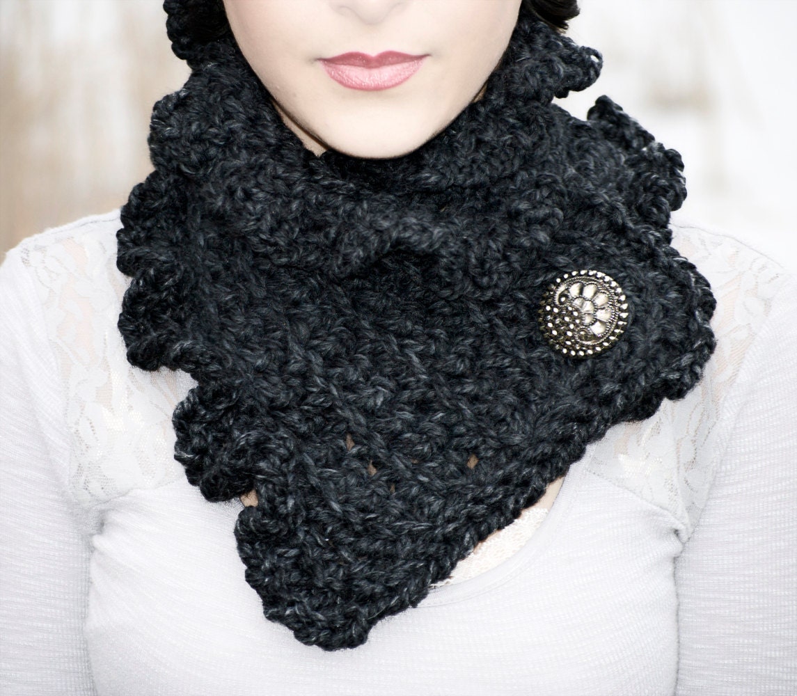 Hand Crocheted "Charcoal Grey" Neck ruffle, 20/80 Lambs Wool and Acrylic Blend, with Italian made sparkle fashion Button