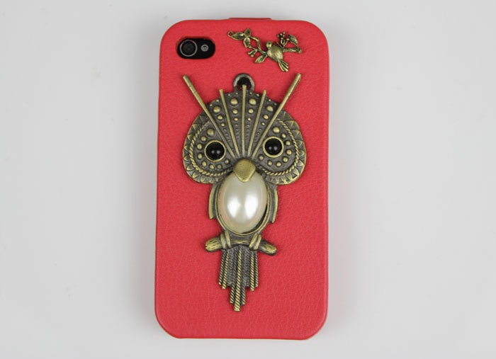 Apple Iphone 4,Iphone 4gs, Iphone 4s Red Holster Hard Case Cover With  lovely Set auger Owl The best gift