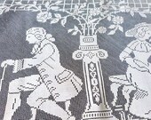1800 French Handemroidered  Filet  Lace  Panel  8  Figures  sceen  60x  14"  Top // OOAK // Crochet // Doilies // Handmade