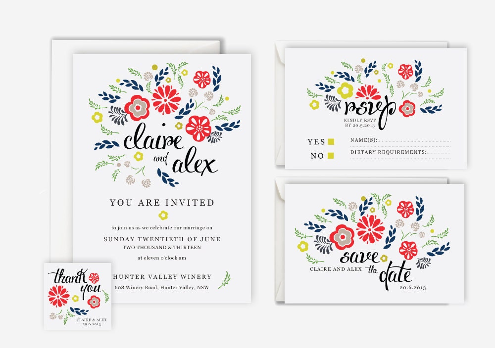 Red & Navy Floral Design Wedding Invitation Suite (Printable) - save the date, rsvp, reply, favor tag, wedding stationery set Il_170x135