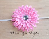 Daisy Flower Headband - Skinny Elastic Band - Pink Checkered Jewel - Newborn Infant Toddler Teen Headband