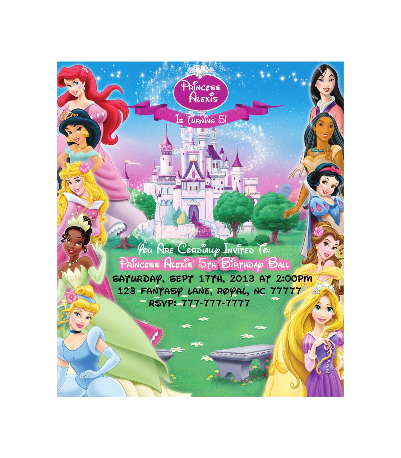 All Disney Princesses Birthday Invitation OR Thank You Card Personalized Custom Printable Digital File