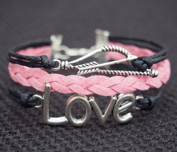 Love Bracelet & Bow and Arrow Charm Bracelet, Black Wax Cords Pink Imitation Leather Braided Bracelet-Best Personalized Friendship Jewelry